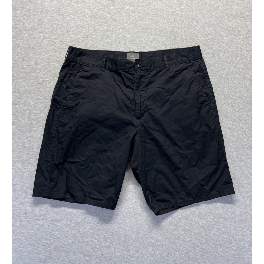 H&M Regular Fit Chino Shorts Mens 34 Black Cotton Belted Slash Pockets Casual